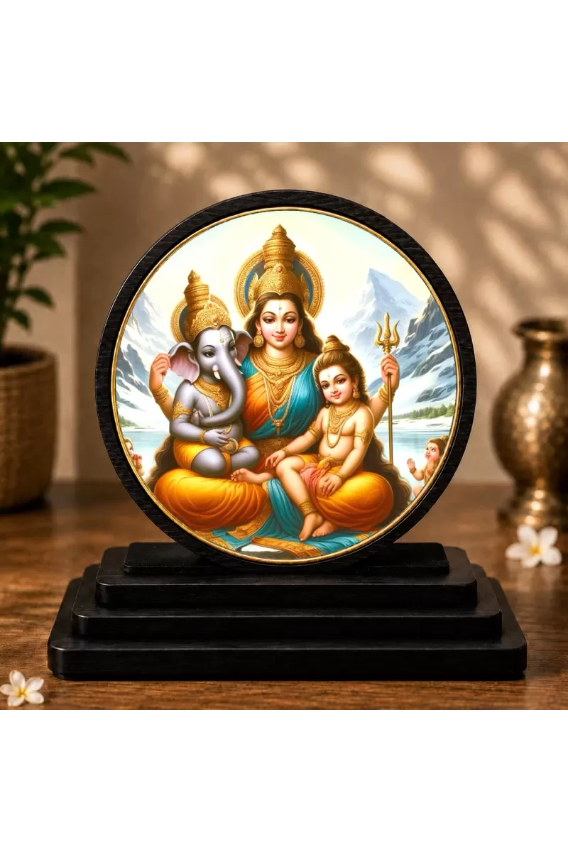Premium Wooden Durga Mata, Ganesha, And Kartika Showpiece For Car Dashboard & Office Table | 4 X 4.5 Inch Sublimation Printed Decorative Stand | 4 Mm MDF | Home Decor | Made In India (F33722)