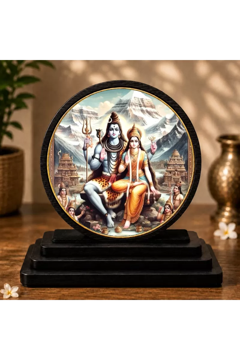 Premium Wooden Lord Shiva Parvati Showpiece For Car Dashboard & Office Table | 4 X 4.5 Inch Sublimation Printed Decorative Stand | 4 Mm MDF | Home Decor | Made In India (F33725)