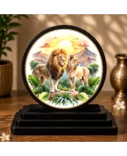 Premium Wooden Lion And Lioness Showpiece For Car Dashboard & Office Table | 4 X 4.5 Inch Sublimation Printed Decorative Stand | 4 Mm MDF | Home Decor | Made In India (F33727)