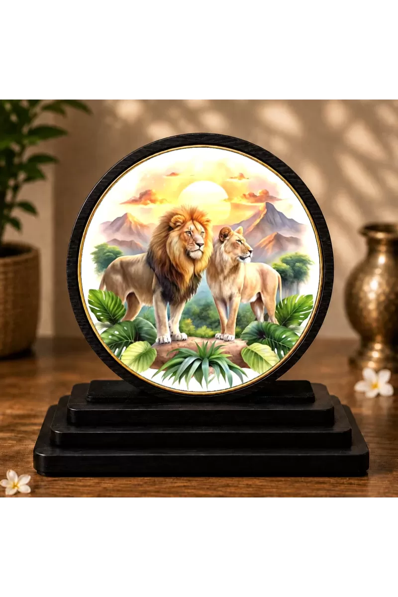 Premium Wooden Lion And Lioness Showpiece For Car Dashboard & Office Table | 4 X 4.5 Inch Sublimation Printed Decorative Stand | 4 Mm MDF | Home Decor | Made In India (F33727)