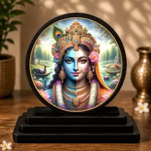 Premium Wooden  Radhe Krishna Wall Art Piece Showpiece For Car Dashboard & Office Table | 4 X 4.5 Inch Sublimation Printed Decorative Stand | 4 Mm MDF | Home Decor | Made In India (F33728)