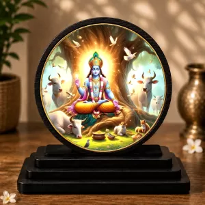 Premium Wooden Lord Krishna Showpiece For Car Dashboard & Office Table | 4 X 4.5 Inch Sublimation Printed Decorative Stand | 4 Mm MDF | Home Decor | Made In India (F33729)