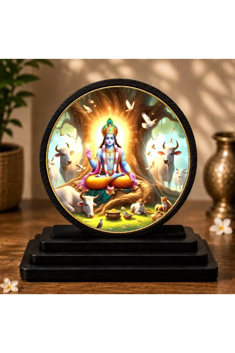 Premium Wooden Lord Krishna Showpiece For Car Dashboard & Office Table | 4 X 4.5 Inch Sublimation Printed Decorative Stand | 4 Mm MDF | Home Decor | Made In India (F33729)