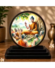 Premium Wooden  Lord Buddha Instructing His Disciples Showpiece For Car Dashboard & Office Table | 4 X 4.5 Inch Sublimation Printed Decorative Stand | 4 Mm MDF | Home Decor | Made In India (F33733)