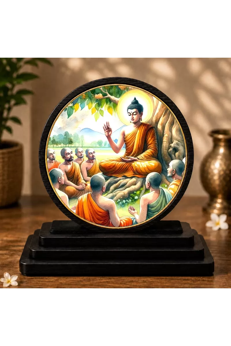 Premium Wooden  Lord Buddha Instructing His Disciples Showpiece For Car Dashboard & Office Table | 4 X 4.5 Inch Sublimation Printed Decorative Stand | 4 Mm MDF | Home Decor | Made In India (F33733)