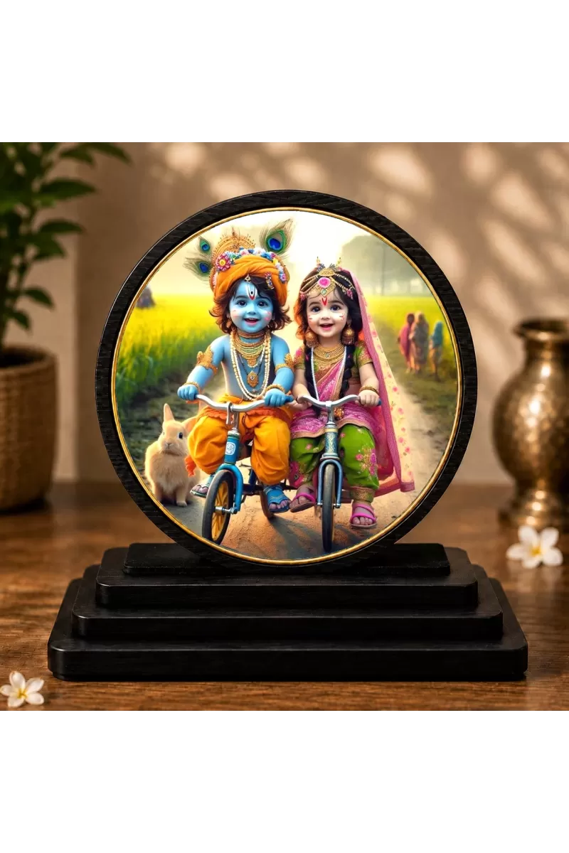 Premium Wooden  Radhe Krishna Showpiece For Car Dashboard & Office Table | 4 X 4.5 Inch Sublimation Printed Decorative Stand | 4 Mm MDF | Home Decor | Made In India (F33736)