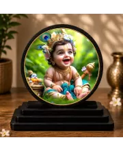 Premium Wooden Bal Krishna Showpiece For Car Dashboard & Office Table | 4 X 4.5 Inch Sublimation Printed Decorative Stand | 4 Mm MDF | Home Decor | Made In India (F33737)