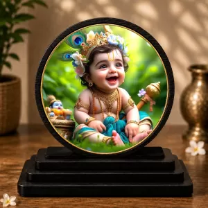 Premium Wooden Bal Krishna Showpiece For Car Dashboard & Office Table | 4 X 4.5 Inch Sublimation Printed Decorative Stand | 4 Mm MDF | Home Decor | Made In India (F33737)