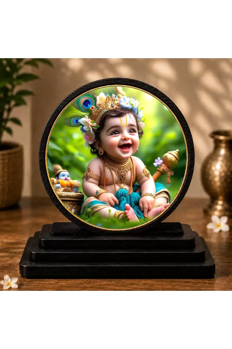 Premium Wooden Bal Krishna Showpiece For Car Dashboard & Office Table | 4 X 4.5 Inch Sublimation Printed Decorative Stand | 4 Mm MDF | Home Decor | Made In India (F33737)