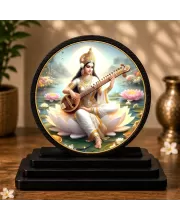 Premium Wooden Goddess Saraswati Showpiece For Car Dashboard & Office Table | 4 X 4.5 Inch Sublimation Printed Decorative Stand | 4 Mm MDF | Home Decor | Made In India (F33739)