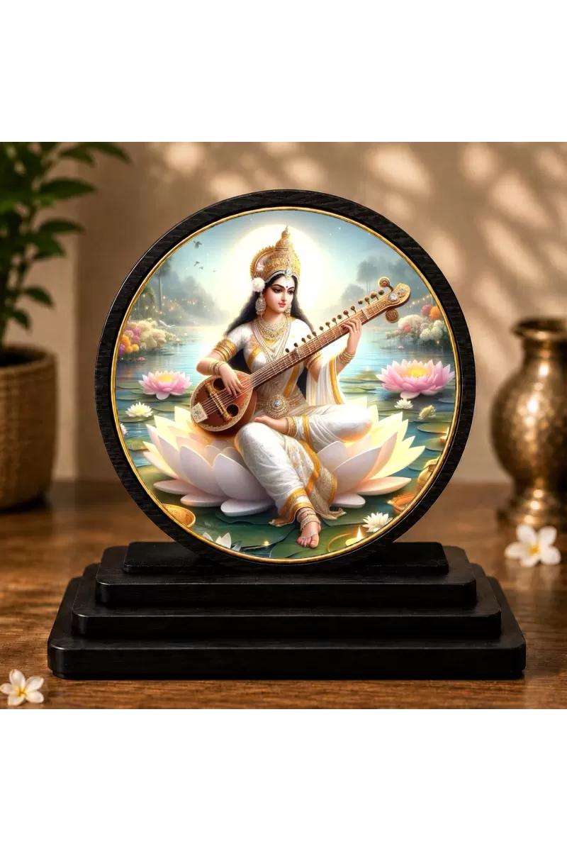 Premium Wooden Goddess Saraswati Showpiece For Car Dashboard & Office Table | 4 X 4.5 Inch Sublimation Printed Decorative Stand | 4 Mm MDF | Home Decor | Made In India (F33739)