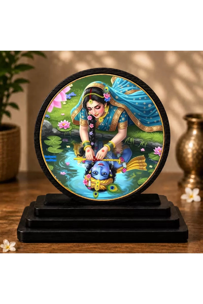 Premium Wooden  Radha Krishna Showpiece For Car Dashboard & Office Table | 4 X 4.5 Inch Sublimation Printed Decorative Stand | 4 Mm MDF | Home Decor | Made In India (F33740)