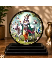 Premium Wooden Lord Krishna Showpiece For Car Dashboard & Office Table | 4 X 4.5 Inch Sublimation Printed Decorative Stand | 4 Mm MDF | Home Decor | Made In India (F33743)