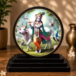 Premium Wooden Lord Krishna Showpiece For Car Dashboard & Office Table | 4 X 4.5 Inch Sublimation Printed Decorative Stand | 4 Mm MDF | Home Decor | Made In India (F33743)