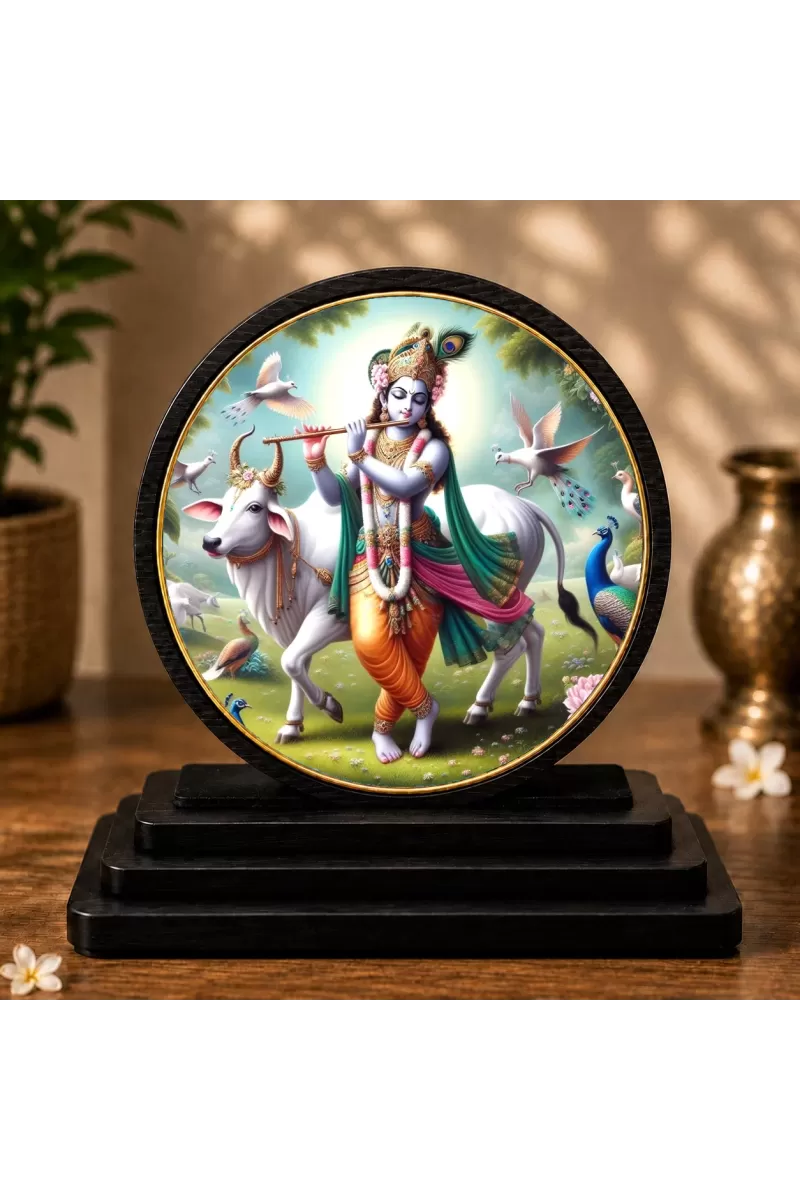 Premium Wooden Lord Krishna Showpiece For Car Dashboard & Office Table | 4 X 4.5 Inch Sublimation Printed Decorative Stand | 4 Mm MDF | Home Decor | Made In India (F33743)