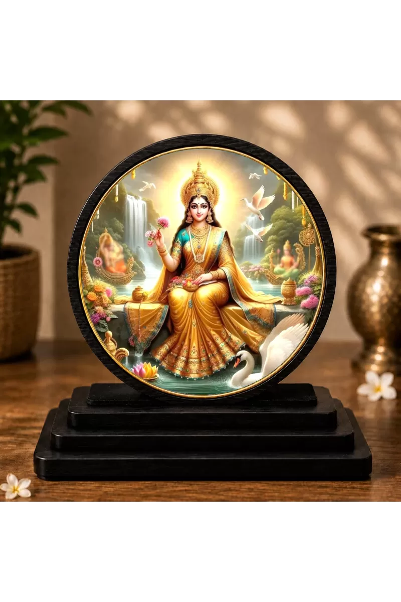 Premium Wooden Goddess Lakshmi Showpiece For Car Dashboard & Office Table | 4 X 4.5 Inch Sublimation Printed Decorative Stand | 4 Mm MDF | Home Decor | Made In India (F33745)