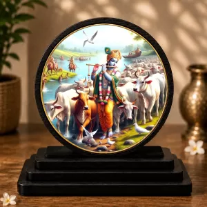 Premium Wooden Lord Krishna Showpiece For Car Dashboard & Office Table | 4 X 4.5 Inch Sublimation Printed Decorative Stand | 4 Mm MDF | Home Decor | Made In India (F33748)