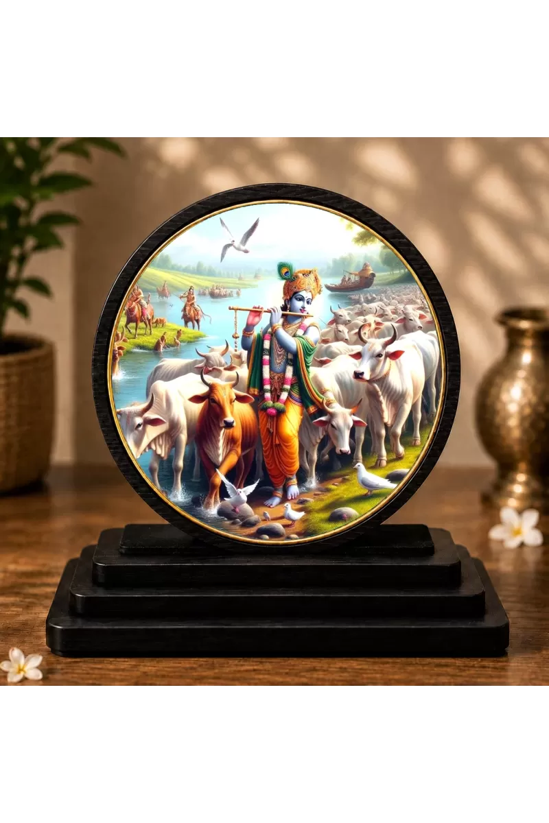 Premium Wooden Lord Krishna Showpiece For Car Dashboard & Office Table | 4 X 4.5 Inch Sublimation Printed Decorative Stand | 4 Mm MDF | Home Decor | Made In India (F33748)