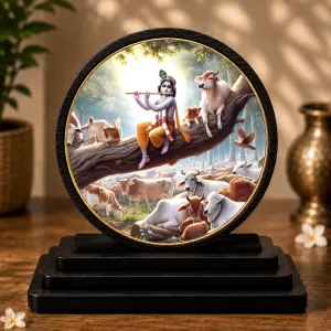 Premium Wooden Lord Krishna Showpiece For Car Dashboard & Office Table | 4 X 4.5 Inch Sublimation Printed Decorative Stand | 4 Mm MDF | Home Decor | Made In India (F33749)