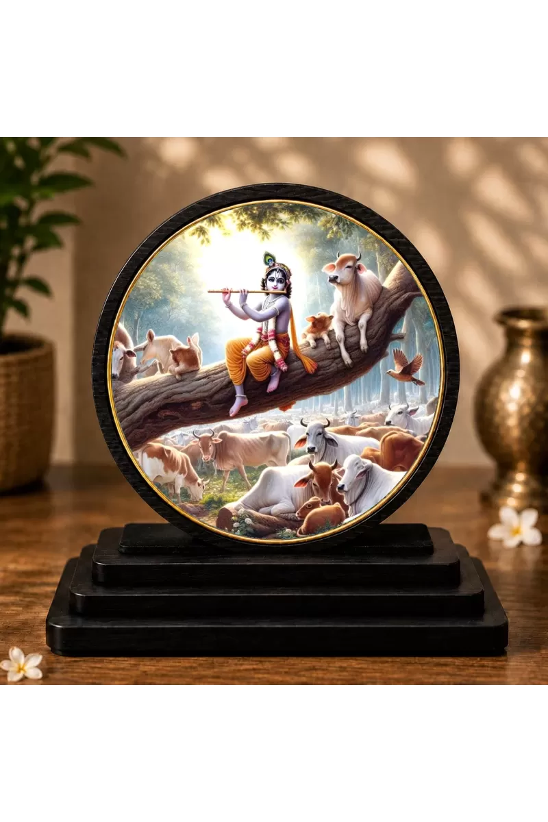 Premium Wooden Lord Krishna Showpiece For Car Dashboard & Office Table | 4 X 4.5 Inch Sublimation Printed Decorative Stand | 4 Mm MDF | Home Decor | Made In India (F33749)