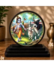 Premium Wooden Lord Krishna With Cows  Showpiece For Car Dashboard & Office Table | 4 X 4.5 Inch Sublimation Printed Decorative Stand | 4 Mm MDF | Home Decor | Made In India (F33750)