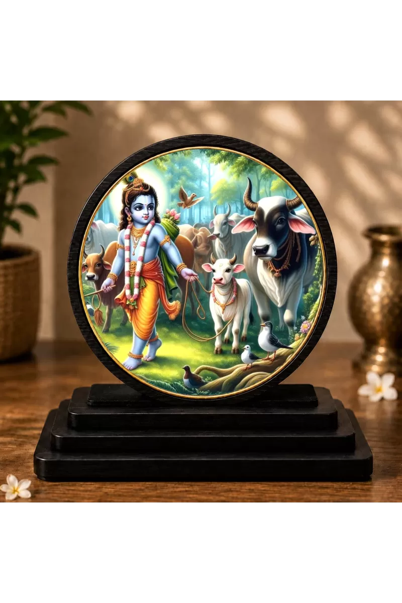 Premium Wooden Lord Krishna With Cows  Showpiece For Car Dashboard & Office Table | 4 X 4.5 Inch Sublimation Printed Decorative Stand | 4 Mm MDF | Home Decor | Made In India (F33750)