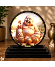 Premium Wooden  Laughing Buddha Showpiece For Car Dashboard & Office Table | 4 X 4.5 Inch Sublimation Printed Decorative Stand | 4 Mm MDF | Home Decor | Made In India (F33751)