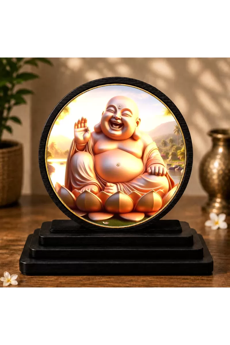 Premium Wooden  Laughing Buddha Showpiece For Car Dashboard & Office Table | 4 X 4.5 Inch Sublimation Printed Decorative Stand | 4 Mm MDF | Home Decor | Made In India (F33751)