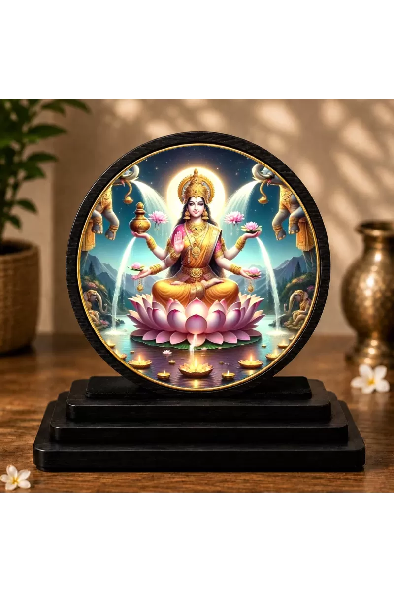 Premium Wooden  Goddess Lakshmi Showpiece For Car Dashboard & Office Table | 4 X 4.5 Inch Sublimation Printed Decorative Stand | 4 Mm MDF | Home Decor | Made In India (F33753)