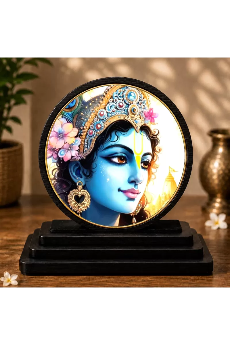 Premium Wooden  Lord Krishna Showpiece For Car Dashboard & Office Table | 4 X 4.5 Inch Sublimation Printed Decorative Stand | 4 Mm MDF | Home Decor | Made In India (F33755)
