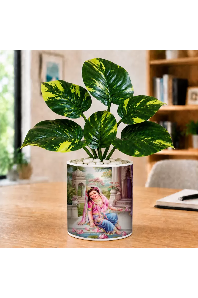 Artificial Tree Ceramic Photo Pot With White Stones 3x4 Inch (F164490)