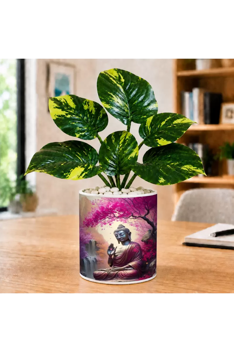 Artificial Tree Ceramic Photo Pot With White Stones 3x4 Inch (F164491)