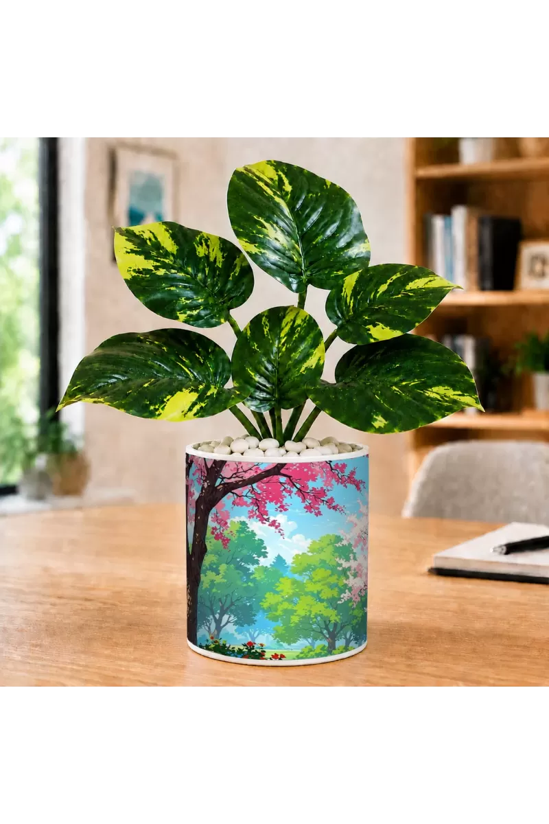 Artificial Tree Ceramic Photo Pot With White Stones 3x4 Inch (F164494)