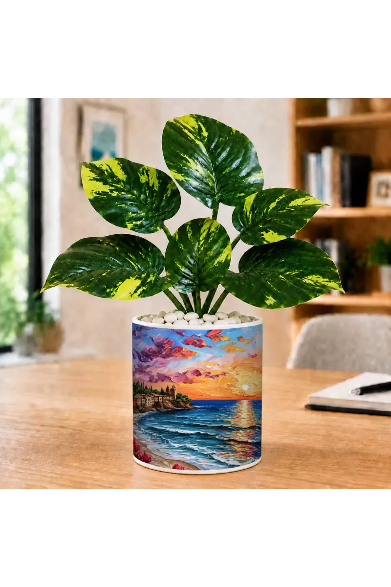 Artificial Tree Ceramic Photo Pot With White Stones 3x4 Inch (F164503)