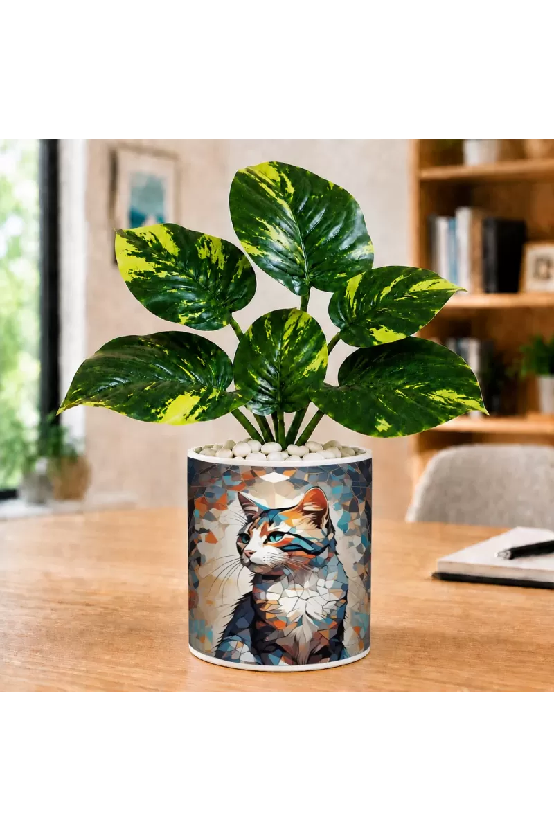 Artificial Tree Ceramic Photo Pot With White Stones 3x4 Inch (F164505)