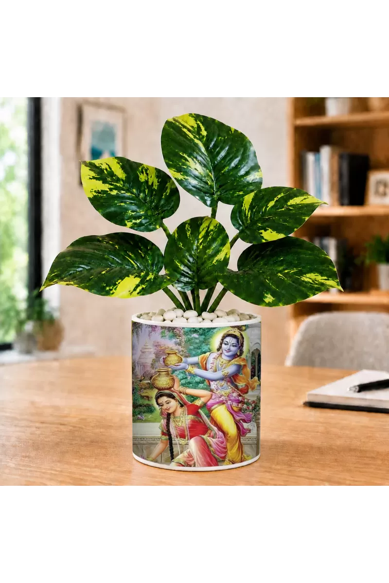 Artificial Tree Ceramic Photo Pot With White Stones 3x4 Inch (F164515)