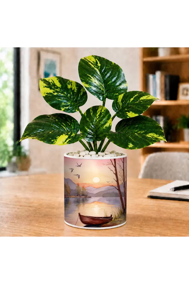 Artificial Tree Ceramic Photo Pot With White Stones 3x4 Inch (F164522)