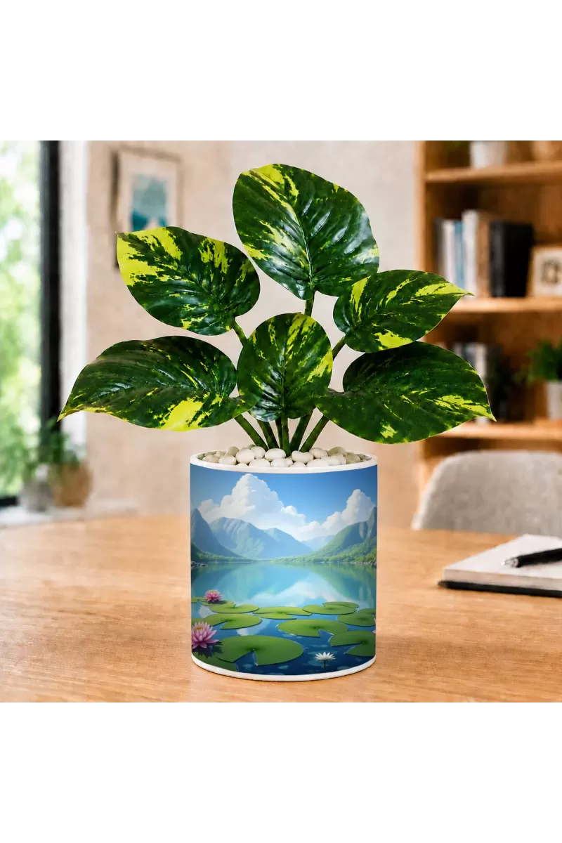 Artificial Tree Ceramic Photo Pot With White Stones 3x4 Inch (F164523)