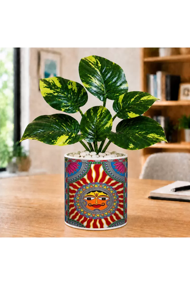 Artificial Tree Ceramic Photo Pot With White Stones 3x4 Inch (F164525)