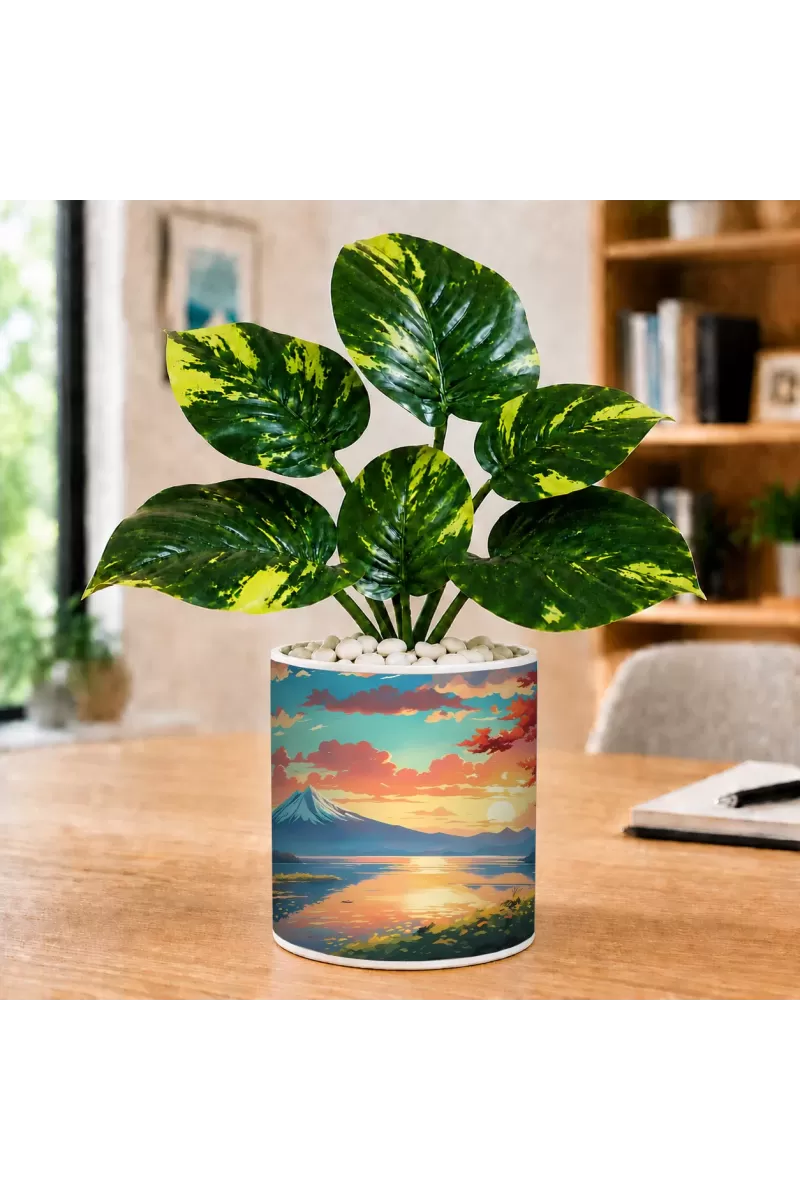 Artificial Tree Ceramic Photo Pot With White Stones 3x4 Inch (F164530)