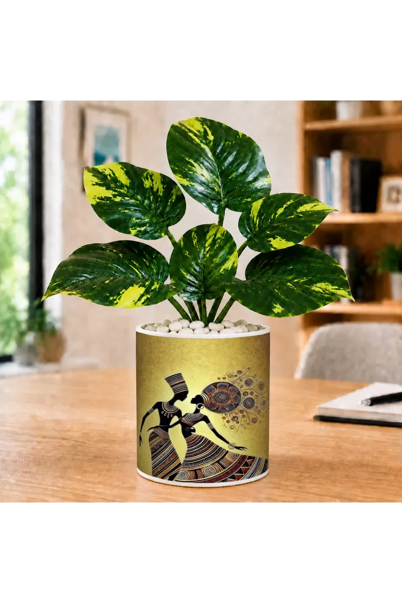 Artificial Tree Ceramic Photo Pot With White Stones 3x4 Inch (F164534)