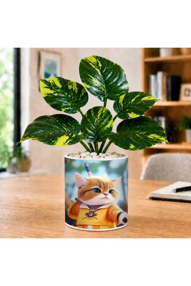 Artificial Tree Ceramic Photo Pot With White Stones 3x4 Inch (F164535)