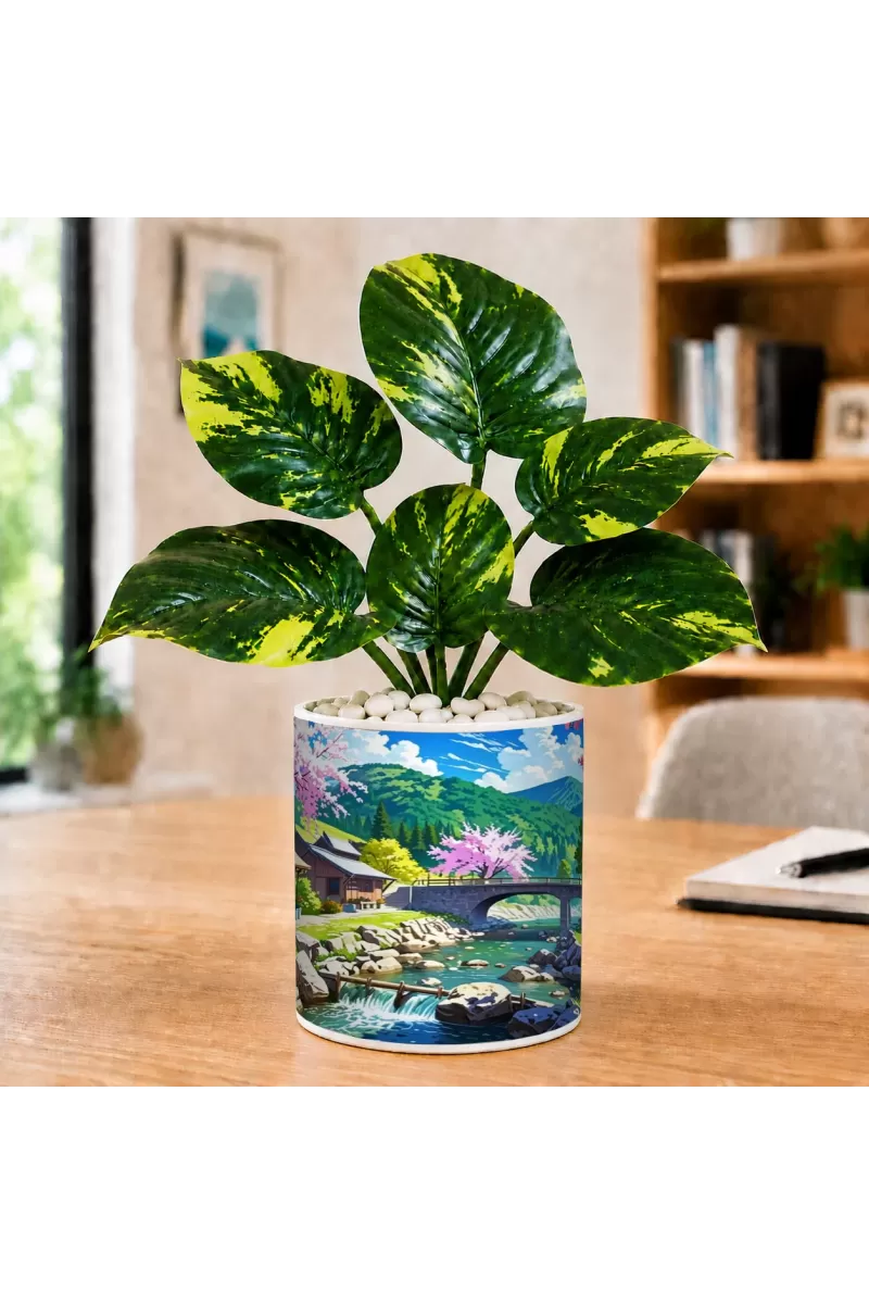 Artificial Tree Ceramic Photo Pot With White Stones 3x4 Inch (F164542)