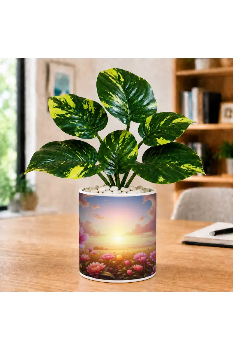 Artificial Tree Ceramic Photo Pot With White Stones 3x4 Inch (F164543)