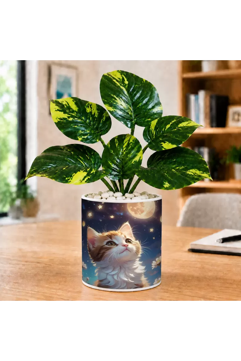 Artificial Tree Ceramic Photo Pot With White Stones 3x4 Inch (F164545)