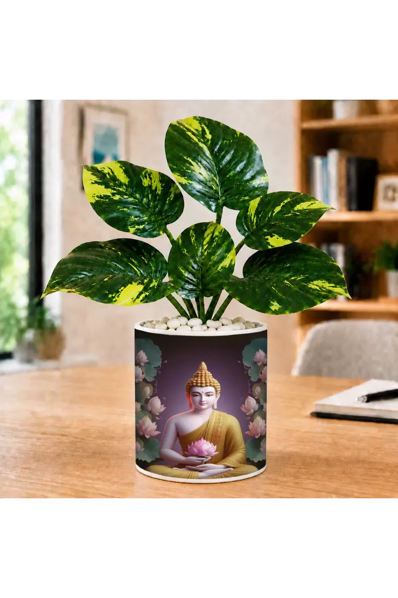 Artificial Tree Ceramic Photo Pot With White Stones 3x4 Inch (F164547)