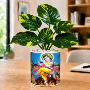 Artificial Tree Ceramic Photo Pot With White Stones 3x4 Inch (F164548)