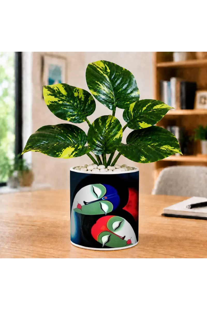 Artificial Tree Ceramic Photo Pot With White Stones 3x4 Inch (F164550)