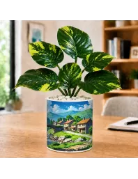 Artificial Tree Ceramic Photo Pot With White Stones 3x4 Inch (F164551)