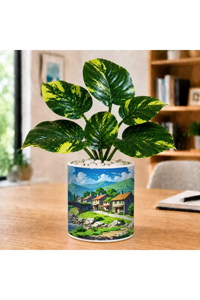 Artificial Tree Ceramic Photo Pot With White Stones 3x4 Inch (F164551)
